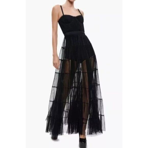 Alice + Olivia Deena Pleated Maxi Dress with Hot Pants Black Sz 6 Tulle Organza - Picture 3 of 13
